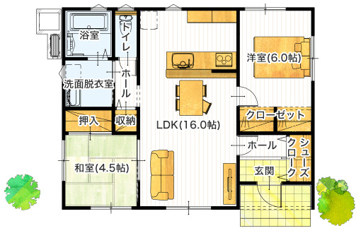 平屋20坪以下の2LDKの間取り図