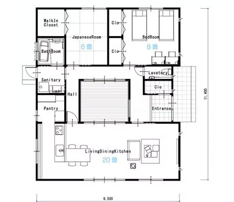 平屋30坪の2LDKの間取り図[東玄関]