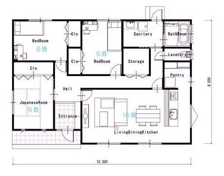平屋30坪の3LDKの間取り図[南玄関]