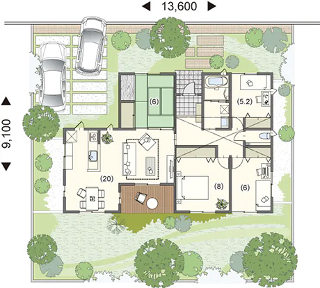平屋30坪の4LDKの中庭のある間取り図