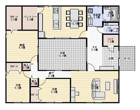 平屋35坪の3LDKの中庭のある間取り図