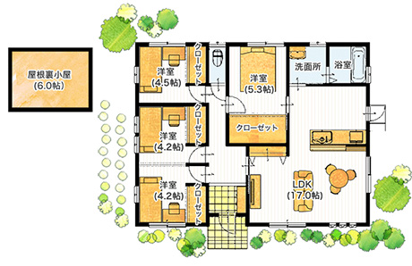 平屋35坪の4LDKの屋根裏部屋のある間取り図[南玄関]