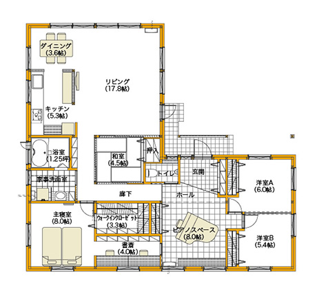 平屋40坪の3LDKの間取り図[北玄関]