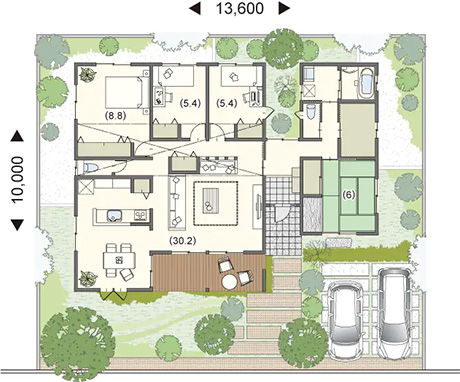 平屋40坪の4LDKのウッドデッキのある間取り図[南玄関]