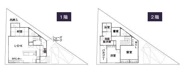 変形地-三角地に建てる2階建て住宅の間取り設計図(敷地30坪)