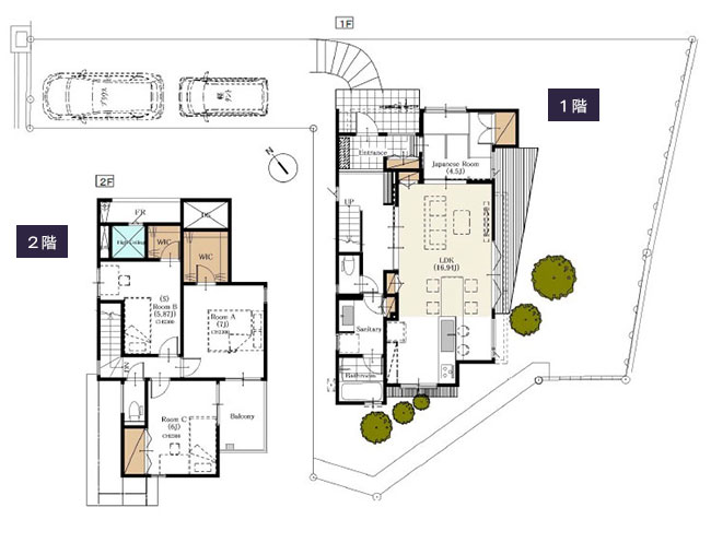 変形地-旗竿地に建てる2階建て住宅の間取り設計図(敷地31坪)