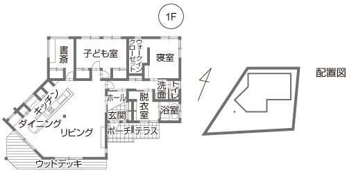 変形地-台形の土地に建てる平屋住宅の間取り設計図(敷地100坪)
