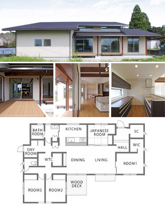 間取り例)2,000万円~2,500万円のウッドデッキやウォークスルークローゼットなどこだわりが詰まった平屋住宅34.7坪4LDKの家